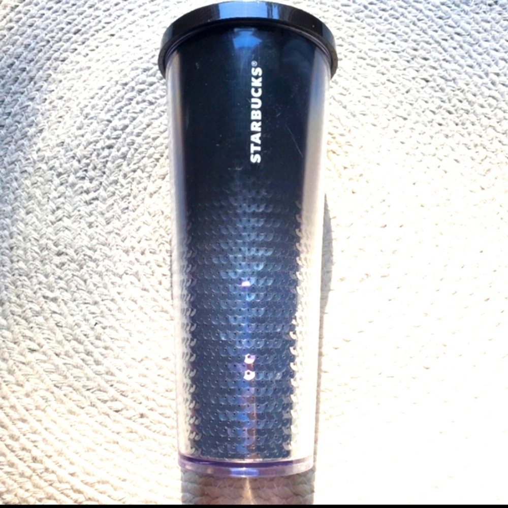 NWT Starbucks 24 oz Tumbler No Straw Black Silver Sequin Sparkle